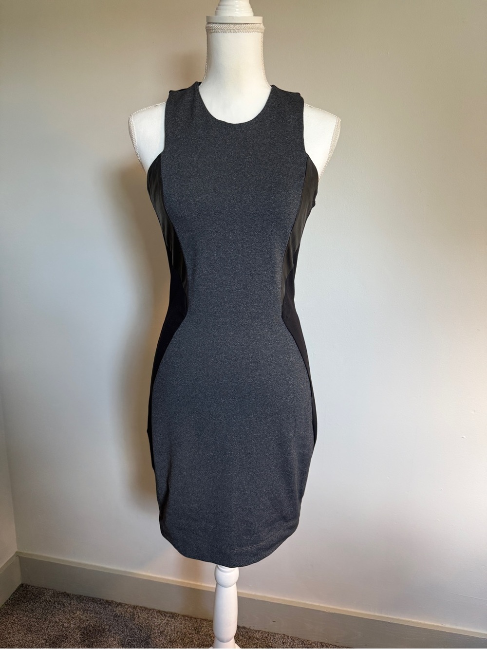 VTG David Lerner Charcoal Gray & Lambskin Leather Panel Bodycon Mini Dress M